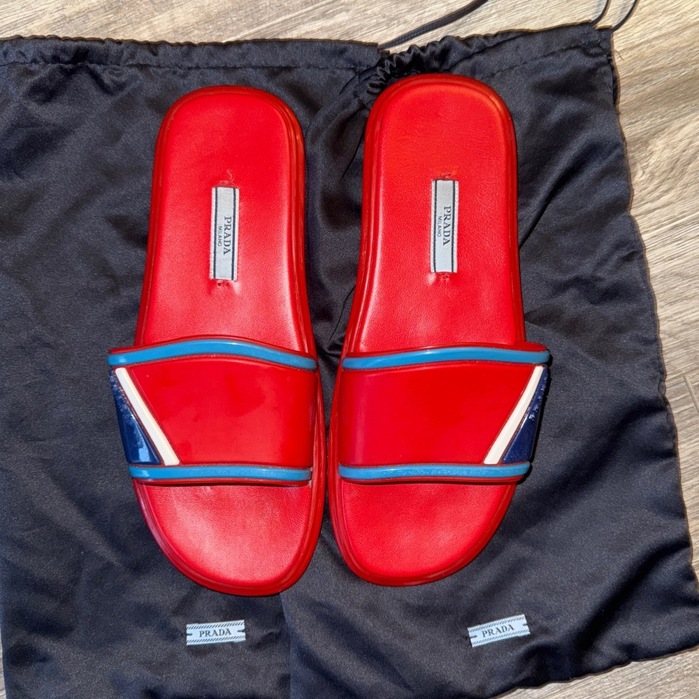 Prada Men's Red Slide Sandals with Blue Accents